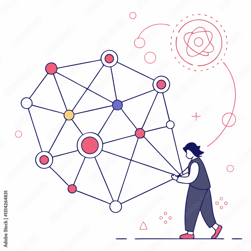 Poster person carrying complex network connection nodes atom science technology