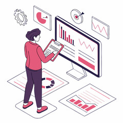 Business analyst reviewing monthly report on computer screen, document and graphs around, 
