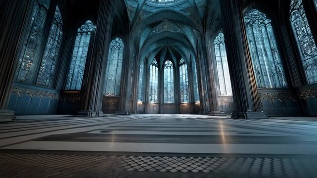 Grand gothic hall interior with large arched windows and elaborate vaulted ceilings, a spacious, architectural masterpiece bathed in soft light