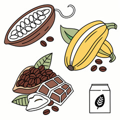 Delicious cocoa beans, pods, chocolate bar, and milk carton illustration