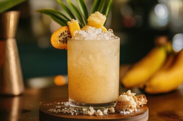 Rustic bar scene with Banana Farmer cocktail in highball glass,