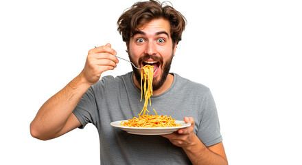 A delighted man enjoying spaghetti, showing pure joy while eating delicious pasta.