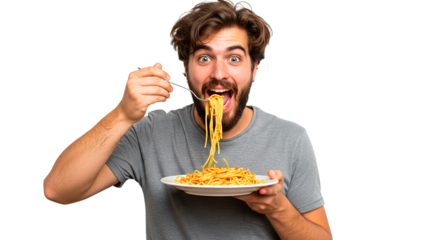 A delighted man enjoying spaghetti, showing pure joy while eating delicious pasta.