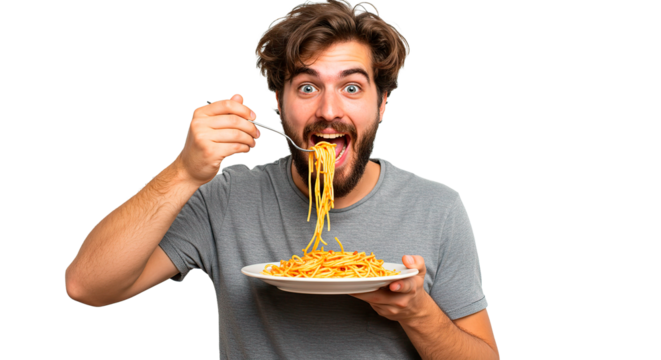 A delighted man enjoying spaghetti, showing pure joy while eating delicious pasta.