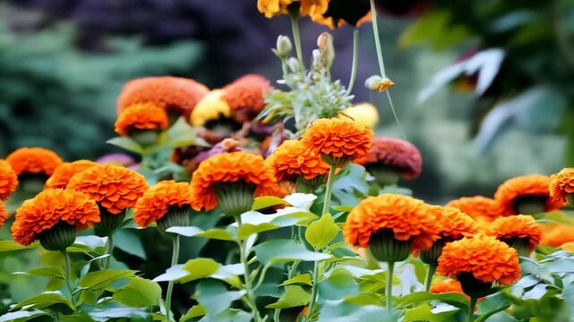 Close-up of vibrant orange, purple, yellow flowers and buds amongst greenery in a lush outdoor garden scene.