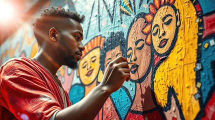 Focused muralist adding final brush strokes to a colorful mural on a bright sunny day