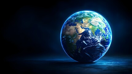 Fototapeta premium A digitally rendered Earth, illuminated, rests on a dark, reflective surface against a black background; continents and oceans are visible