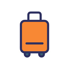 Orange suitcase illustration with blue trim featuring a handle wheels and horizontal stripe