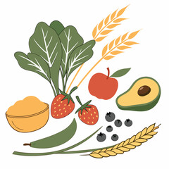 Healthy eating colorful illustration featuring fruits vegetables grains