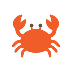 Orange crab with large claws and small brown eyes against a white background