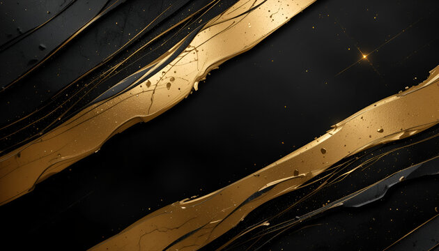 Elegant black and gold abstract background with metallic textures, subtle shimmer, geometric shapes and thin gold lines, suitable for luxury branding, fashion ads, or upscale invitations.”