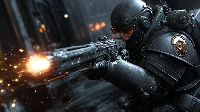 Close-up view of a soldier in dark armor firing a futuristic weapon.  Orange and yellow muzzle flash. Gritty urban background