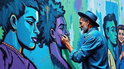 Elderly artist paints a mural of stylized people in vibrant, expressive colors