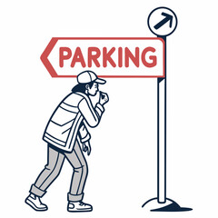 Person looking at parking sign direction arrow illustration