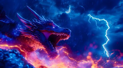 A majestic, blue and purple dragon roars amidst a furious storm, its fiery breath illuminating the dark, stormy sky