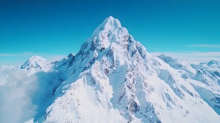Obraz premium A majestic snow-capped peak dominates a vibrant blue sky, surrounded by lower, cloud-shrouded mountains