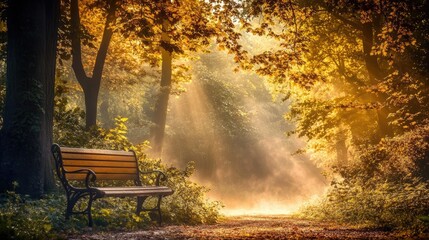 Obraz premium Golden sunlight streams through a tranquil park.