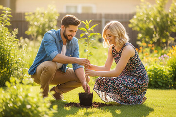 young couple planting a tree together in their backyard, smiling