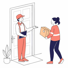 Delivery person handing package to customer at door home delivery service