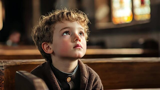 Boy praying in church on Holy Saturday with focused expression and soft lighting, Boy in church on Holy Saturday, praying in church