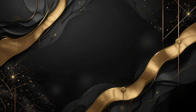 Elegant black and gold abstract background with metallic textures, subtle shimmer, geometric shapes and thin gold lines, suitable for luxury branding, fashion ads, or upscale invitations.”