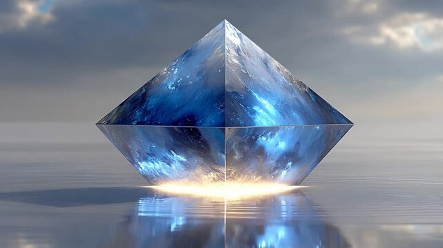 Mystic Blue Diamond Pyramid Reflecting the Sky on the Surface of Water with a Gleaming Light