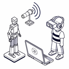 Child using vr headset interacting with robot via laptop
