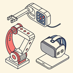 Robotic arm, vr headset, and control panel isometric illustration
