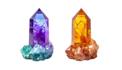 vibrant purple and amber crystal towers with natural mineral cluster base, sharp pointed quartz gems on isolated background
