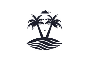 Simple silhouette illustration of tropical island with palm trees and calm water