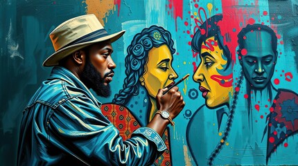 Fototapeta premium Graffiti art man in hat paints vivid faces, colorful background, diverse portraiture