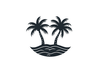 Simple silhouette of two palm trees on a tropical island with ocean waves design