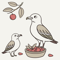 Two cute cartoon seagulls with berries and branch