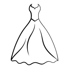 Elegant bride holding bouquet in a flowing gown, minimal line art vector illustration