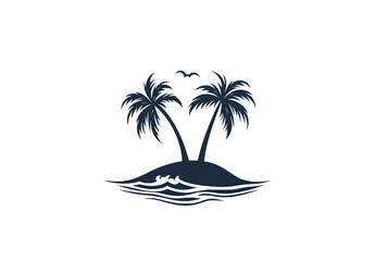 Tropical island silhouette depicting palm trees waves and a flying bird on white background