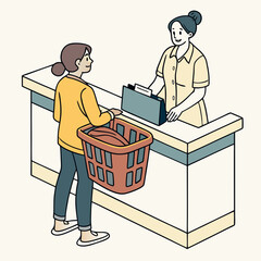 Woman paying at checkout counter with laundry basket on white background