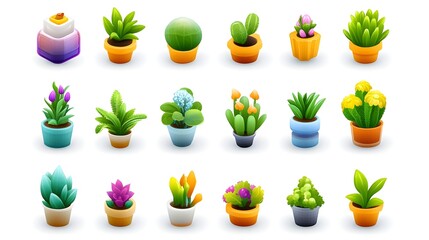 Collection of twenty-four diverse potted plants, varying in color, shape, and style, rendered in a vibrant, cartoonish manner