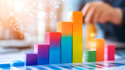 Colorful ascending bar graph on a desk, symbolizing growth and success, with a blurred background of a person and bokeh lights