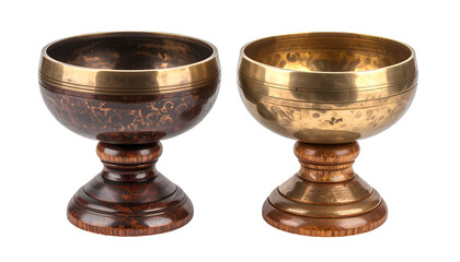 Set of 2 Tibetan singing bowls on carved wooden stands, traditional hammered brass sound bowls for sound therapy, yoga, and spiritual meditation, isolated on black background
