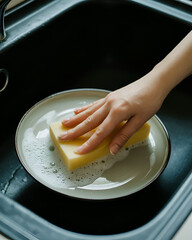 A photograph focusing on a close-up view of a hand washing dishes in a sink