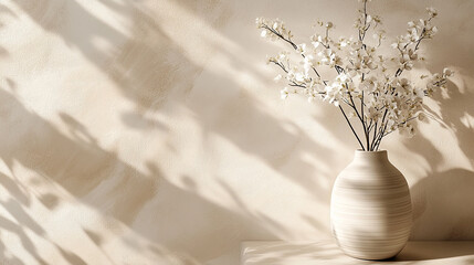 Blossoming white blooms dance within a serene vase illuminated by sunlight filtering through leaves casting shadows on a