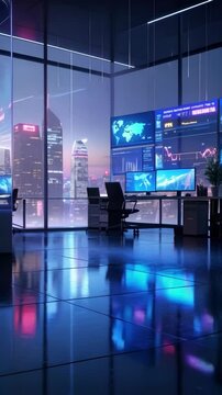 Contemporary office space featuring screens displaying maps, charts, and graphs with a futuristic cityscape backdrop.