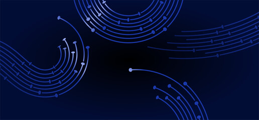 Abstract composition curved blue lines with dots on dark background