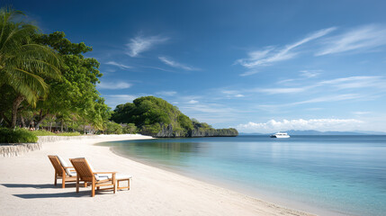 Deck chairs on tropical sea beach travel leisure vacation concept
