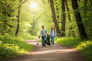 A realistic forest path with children walking while picking up trash