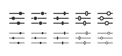 Minimalist Black Flat Slider Knob Icons Set &ndash; Adjustable Settings Controls, Equalizer UI Elements, Circle and Oval Switches for App or Web Design, Vector Illustration on White Background