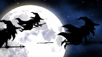 Silhouettes of witches flying over full moon - Powered by Adobe