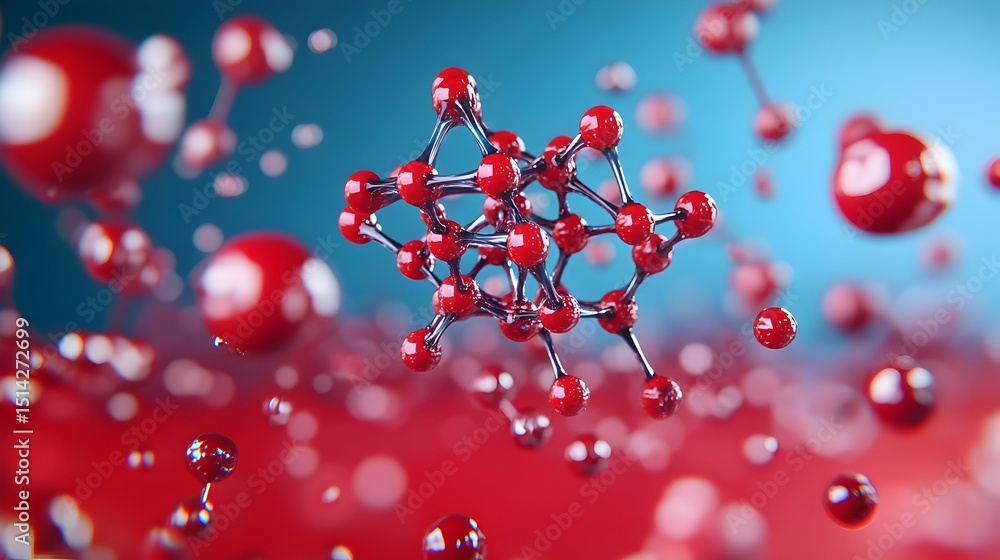 Poster a 3d rendering of a complex molecule, with red spheres connected by dark rods, floating against a bl