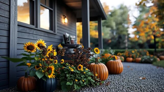 Autumnal scene featuring a gray house, sunflowers, pumpkins, and gravel pathway. Warm sunset lighting