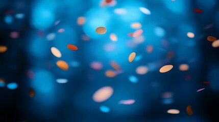 Colorful confetti floats in a dark blue background.